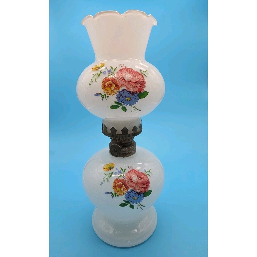 VTG Milk Glass Table Hurricane Oil Lamp w/Flowers 10" Ruffled Edges
